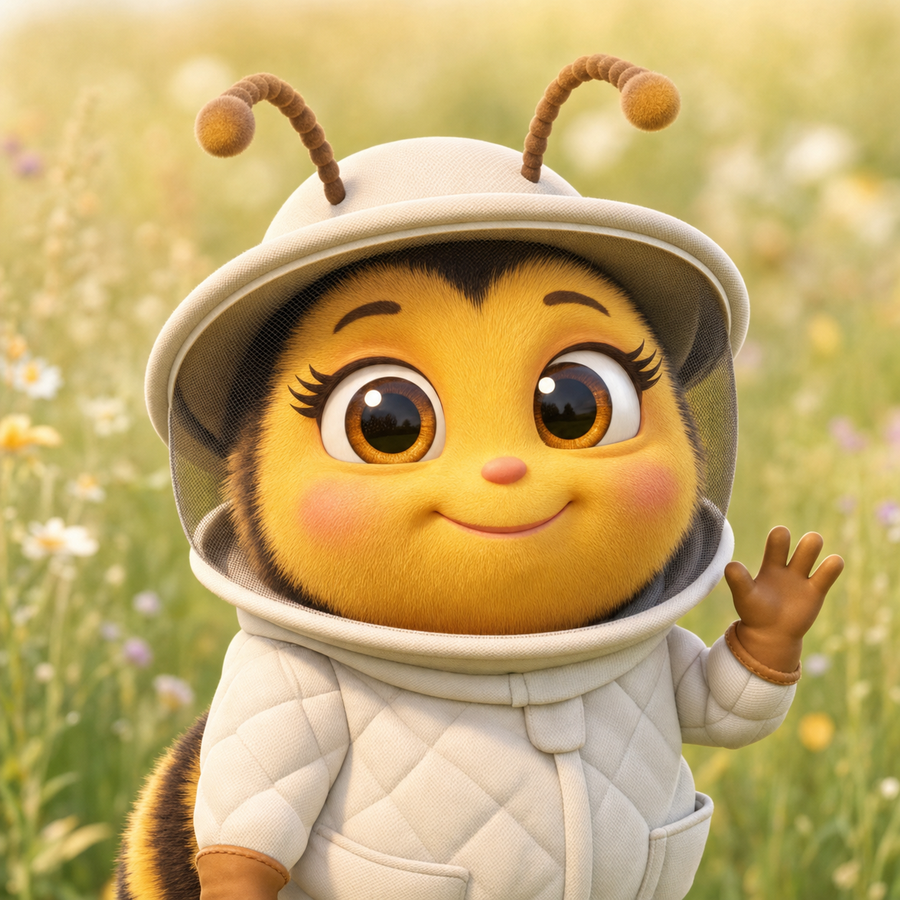 Buzzy, a friendly Pixar-style honeybee wearing a white beekeeper suit and mesh veil, waving in a wildflower meadow.